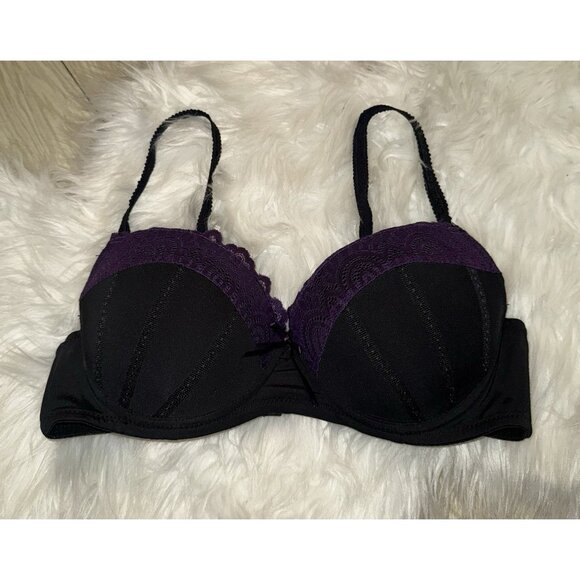 Jezebel 2915 Push Up Balconette Bra Underwire Lace Womens 34C Black Purple - Picture 2 of 7